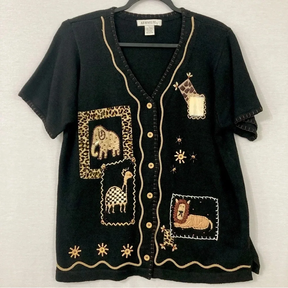 Vintage Arriviste Safari Embroidered Button Short‎ Sleeve Cardigan Large